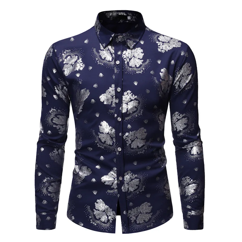 

LUCLESAM Men's Metal Flower Pattern shirt Bronzing Printed Lapel Shirts Plus Size Fashion Trend Casual Man Nightclub Clothing