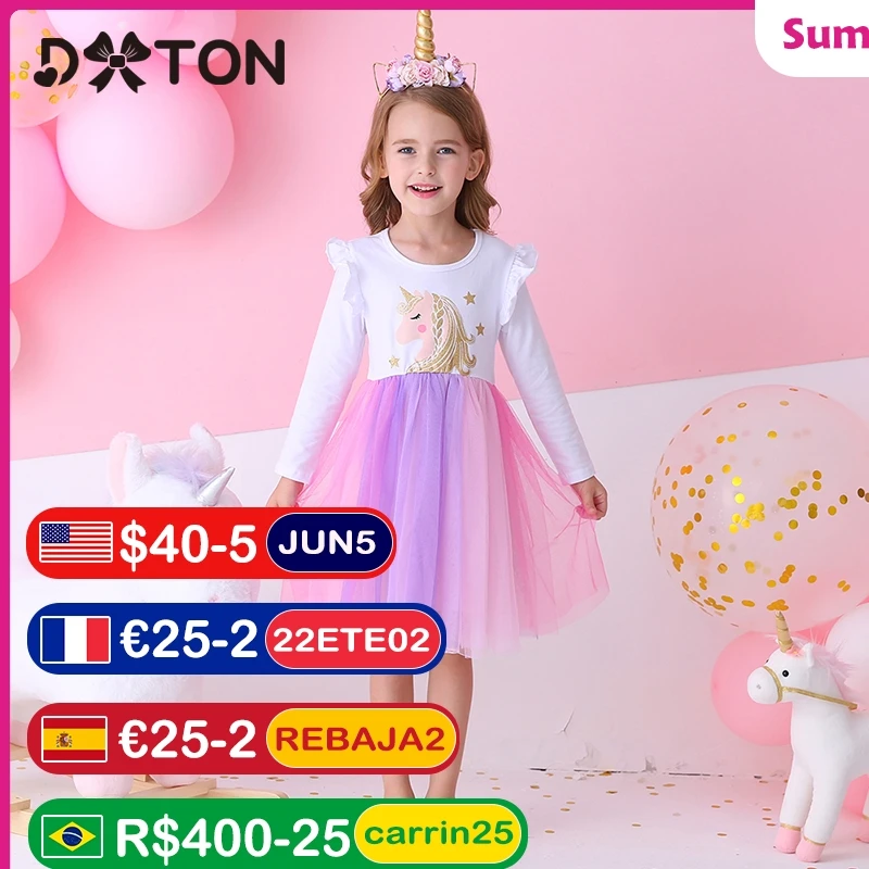 

DXTON Kids Princess Girls Dress Unicorn Children Dress Fille Robe Tutu Party Clothes Rainbow Mesh Girls Dress Cartoon Vestidos
