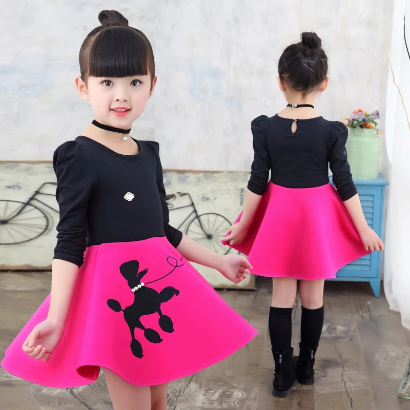 

Spring Autumn For Girls Dress Kids Long Sleeve Cartoon Printed Dress Children Crew Neck Color Matching Princess Dress 3-14 Years
