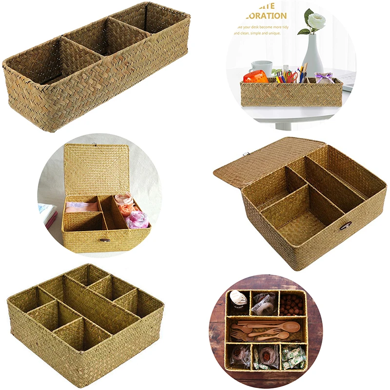 

Seagrass Storage Box Basket with Lid Multi-grid Rectangular Rattan Shelf Box Sundries Clothes Cosmetic Toys Organizer Home Decor