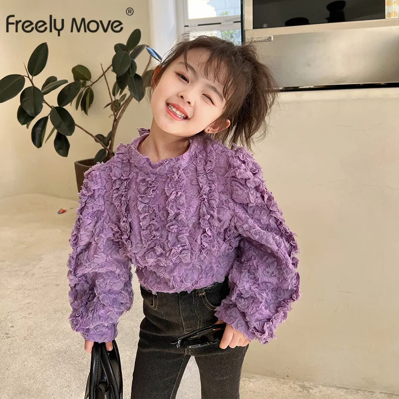 

Детская Корейская Осенняя новая футболка свободного передвижения льняные блузки для девочек кружевные плиссированные хлопковые топы с пы...