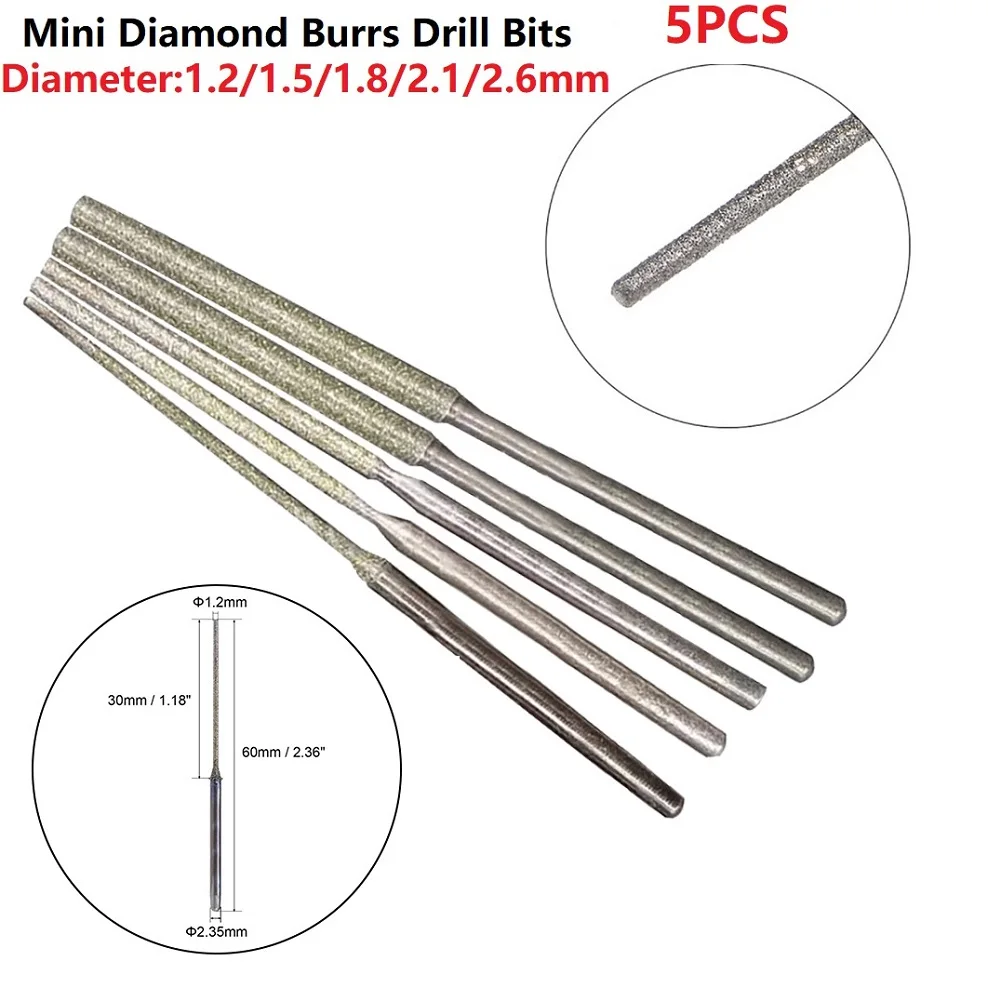 

5Pcs Mini Diamond Burrs Drill Bits 2.35mm Shank Cylindrical Ball Nose For Wood Sharpening Carving Grinding Tools