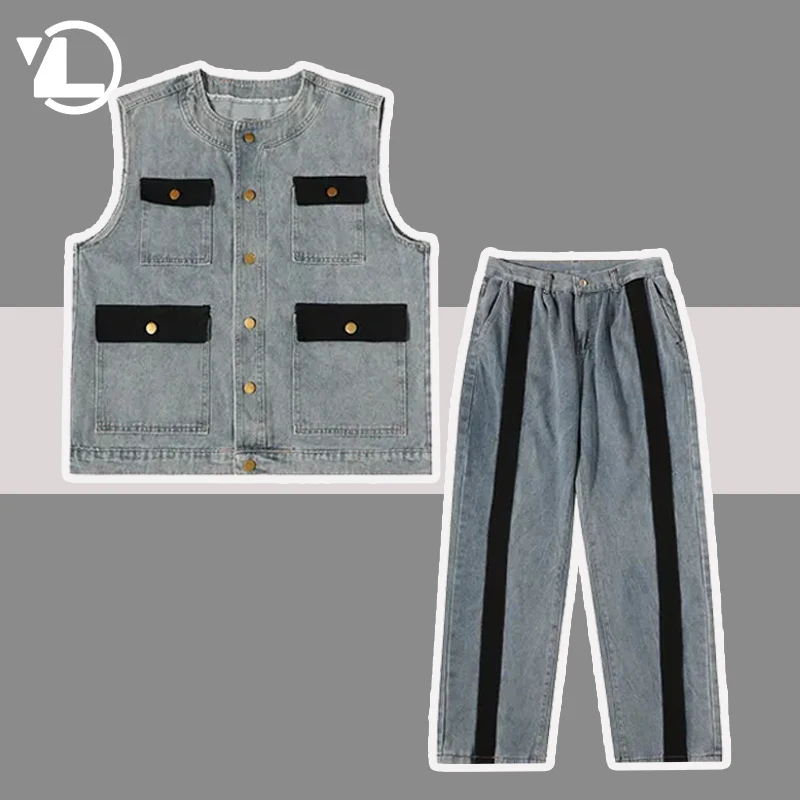 Men's Sets Cargo Denim 2 Piece Patchwear Straight Jeans Pants + Sleeveless Vests Casual Korean Streetwear Hip Hop Suit Spring