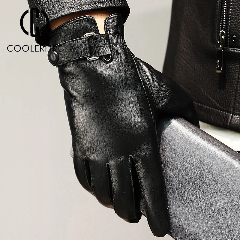 

Winter Genuine Leather Gloves Men Keep Warm Plush Velet Warm Full Finger Glove Cycling Touchscreen Working Windproof ST2231