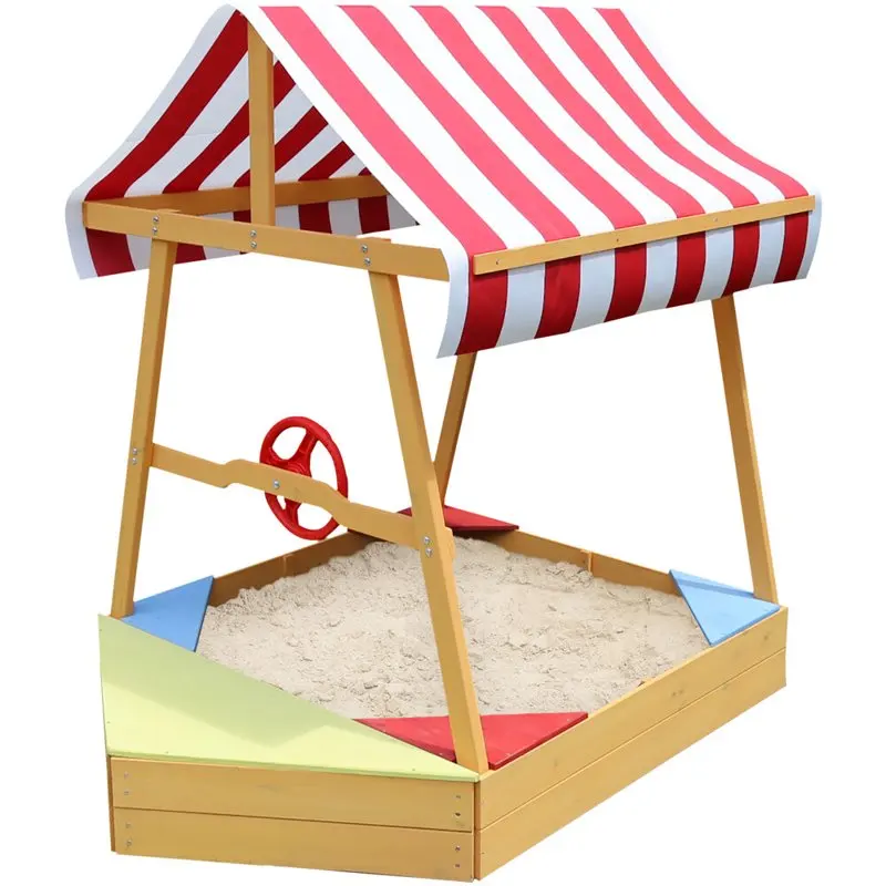 

Critter Sitter Children's Wood Sand Box Boat with Red and White Striped , Wheel, and Bottom Liner - CSSB0103-NAT For Outdoor Spo