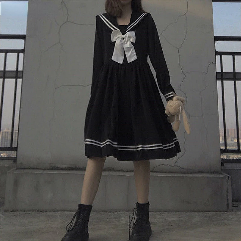 

Женское платье с бантом в стиле пэчворк, свободное ТРАПЕЦИЕВИДНОЕ модное Милое Платье До Колена в стиле преппи, матросский воротник в японс...