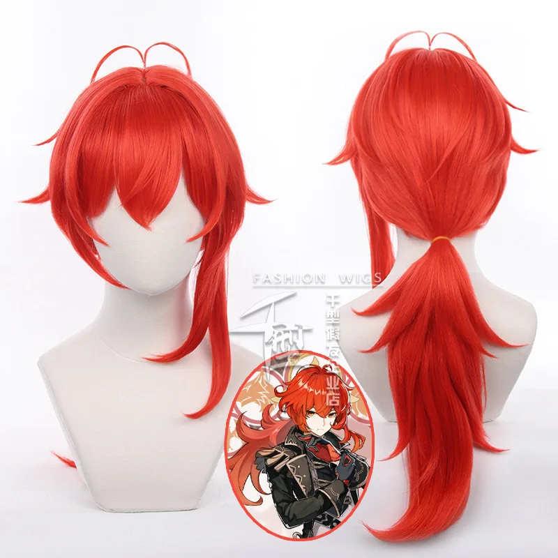 

Genshin Impact Diluc Cosplay Wig Red Long High Quality Heat Resistant Synthetic Hair Headwear Cosplay Halloween Wigs