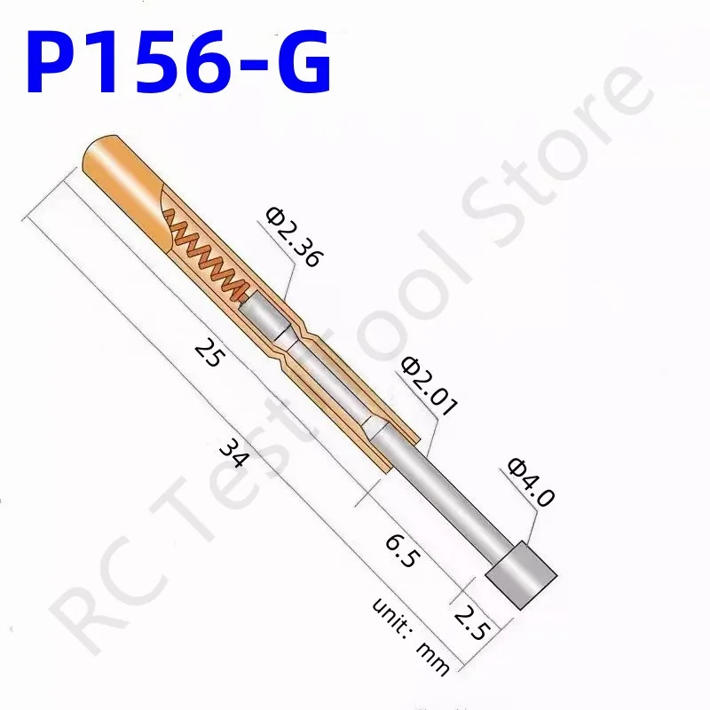 

100PCS P156-G Spring Test Probe Test Pin Pogo Pin PCB Test Tool Total Length 34mm Pin Dia 2.36mm Flat Head Dia 4.0mm