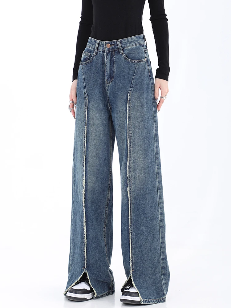 

Женские джинсовые брюки с высокой талией, свободные широкие брюки из денима в стиле Харадзюку, Классические винтажные шикарные брюки с завы...