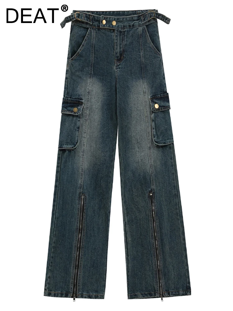

DEAT Women's Jeans Mid Waist Multiple Pockets Zipper Patchwork Solid Color Straight Denim Pants 2023 Summer New Fashion 29L516