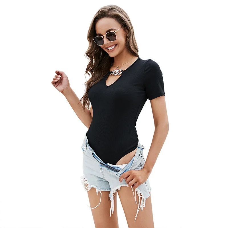 

Женский Летний комбинезон с коротким рукавом и V-образным вырезом