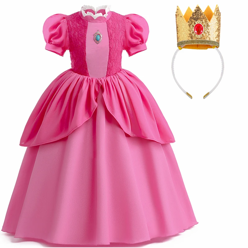 

Princess Peach Costume for Girls Lace Puff Sleeve Fancy Princess Dress for Kids Cosplay Halloween Party Dress Up