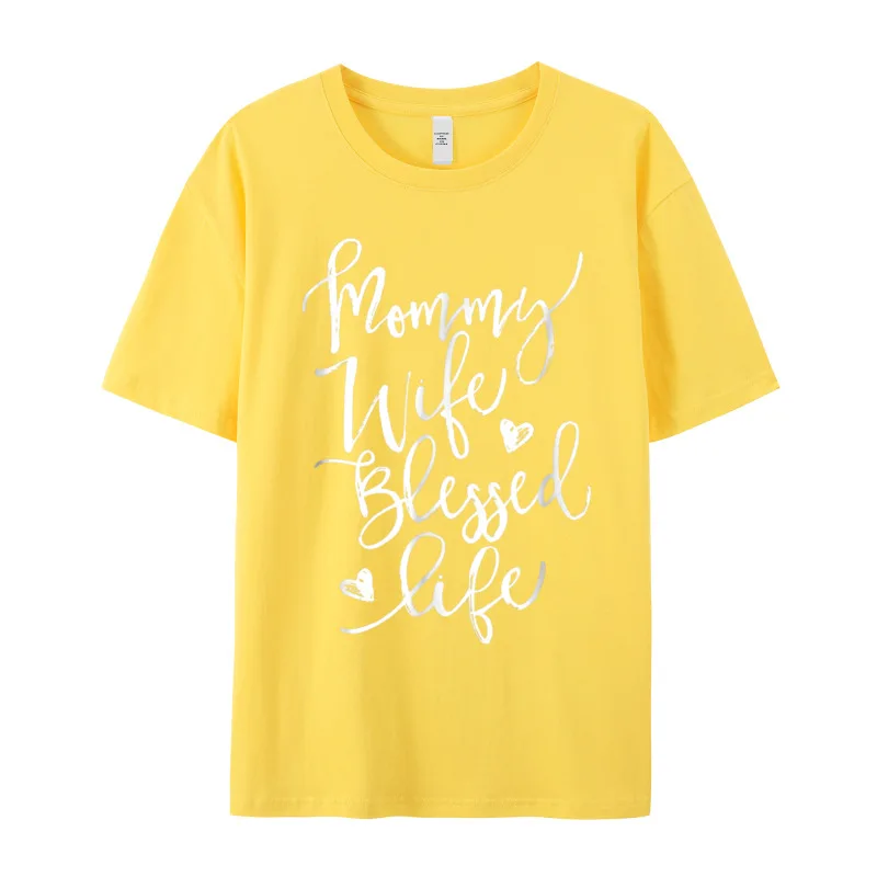 FunnySummer Short Sleeve Tees Summer Discount O Neck Cotton Tops T Shirt Woman Shirts Mama Wife Blessed Life Funny