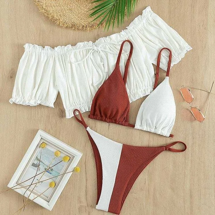 

Three Piece Contrast Color Bikini Set Female Sexy Conservative Stylish Beach