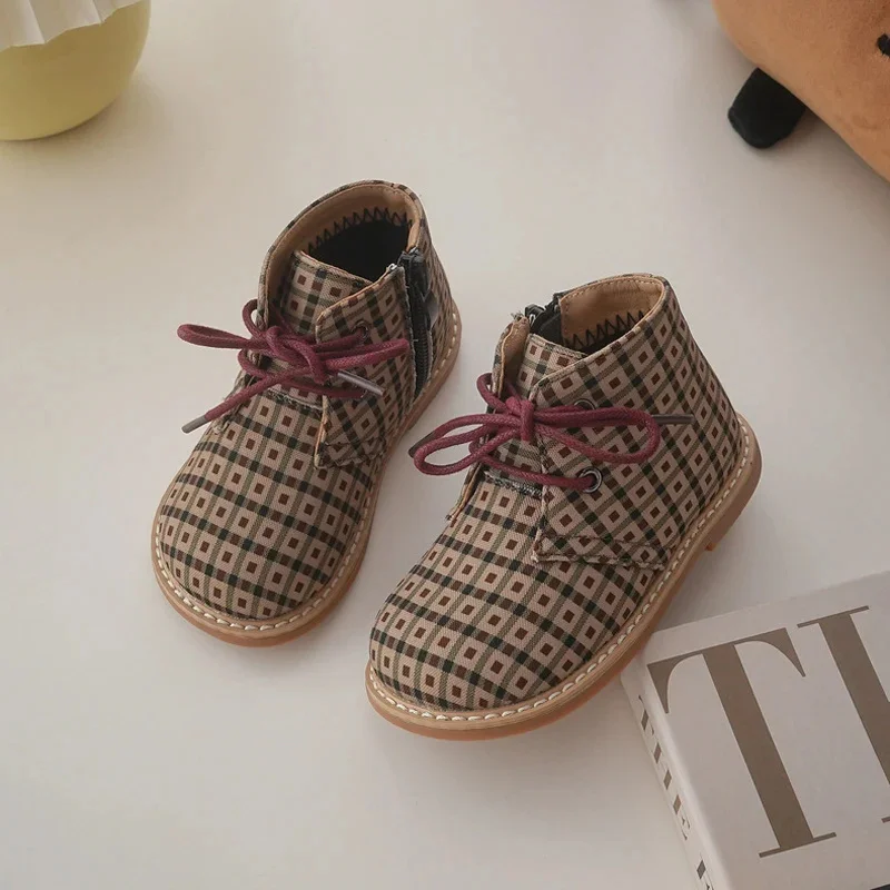 

British Style Children Short Boots Handsome Autumn Boys Single Boots Fashion Girls Retro Lattice Boots Baby Soft Warm Shoes