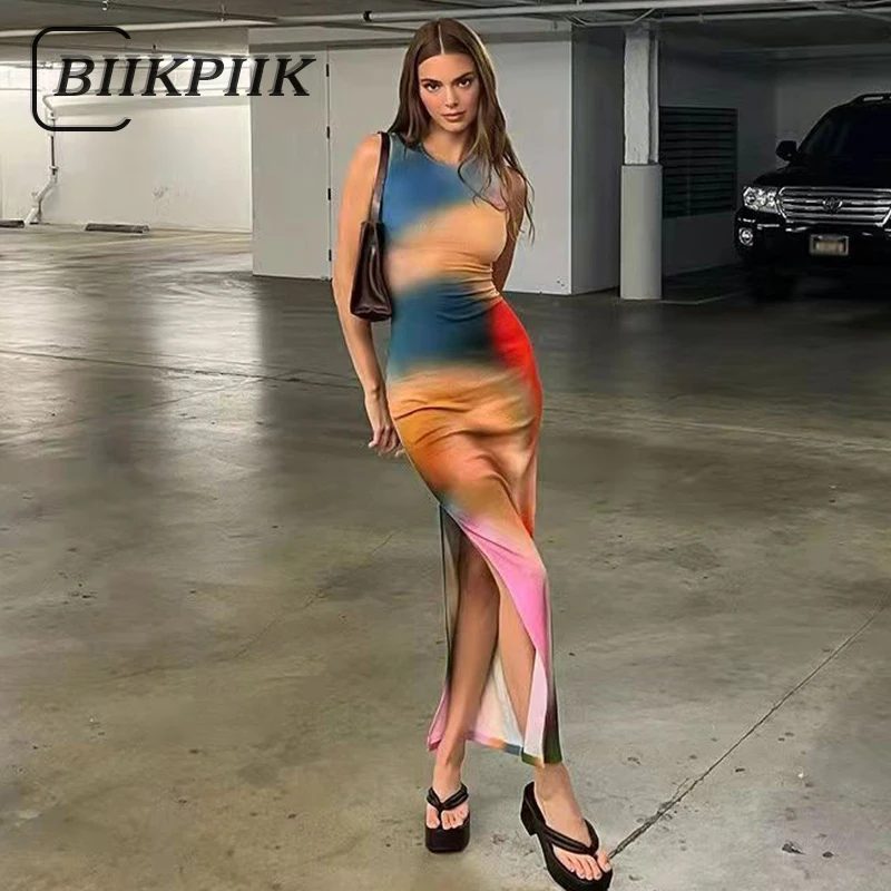 

Женское длинное платье с принтом BIIKPIIK, летнее сексуальное платье для отпуска с Боковым Разрезом и круглым вырезом, вечернее облегающее плат...