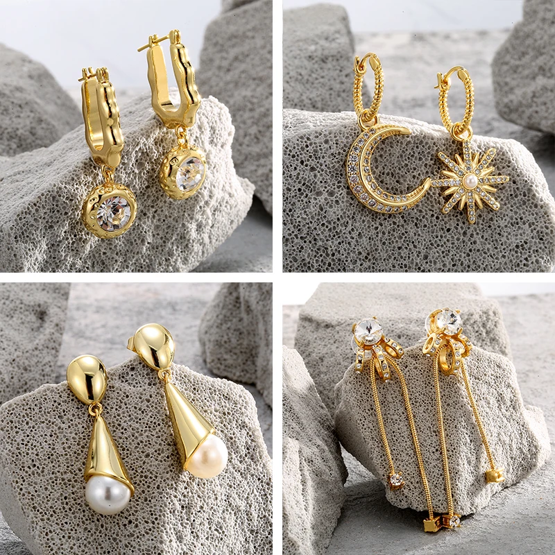 

Luxury brand asymmetrical star and moon earrings, golden yellow pearl earrings, high-end classical and trendy accessories