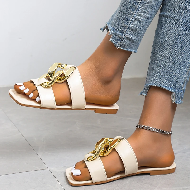 Shoes for Ladies 2023 Summer High Quality Peep Toe Women's Slippers Square Toe Casual Sandals Women Flat with Slippers Female