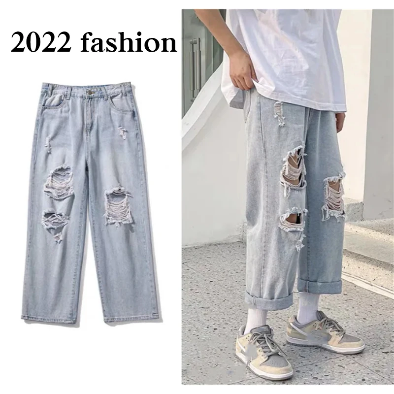 

Men Ripped Jeans Spring Summer New Loose Straight Denim Jeans Blue Wahsed Trouser Mens Hole Jeans Vaqueros De Hombre