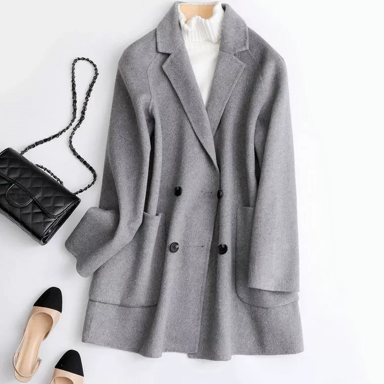 

NEW 2023 Spring Women Midi Length Coat Turn Down Collar Drouble Button Design 100% Wool Women Gray Black Woolen Coat Casaco Femi