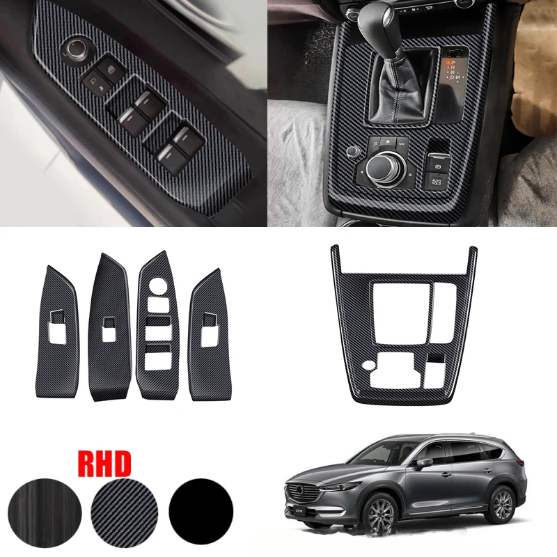 RHD  For Mazda CX8 CX-8 2017-2022 ABS BLACK Inner Window Lift Switch Button Panel Cover Trim Gear Shift Panel Accessories