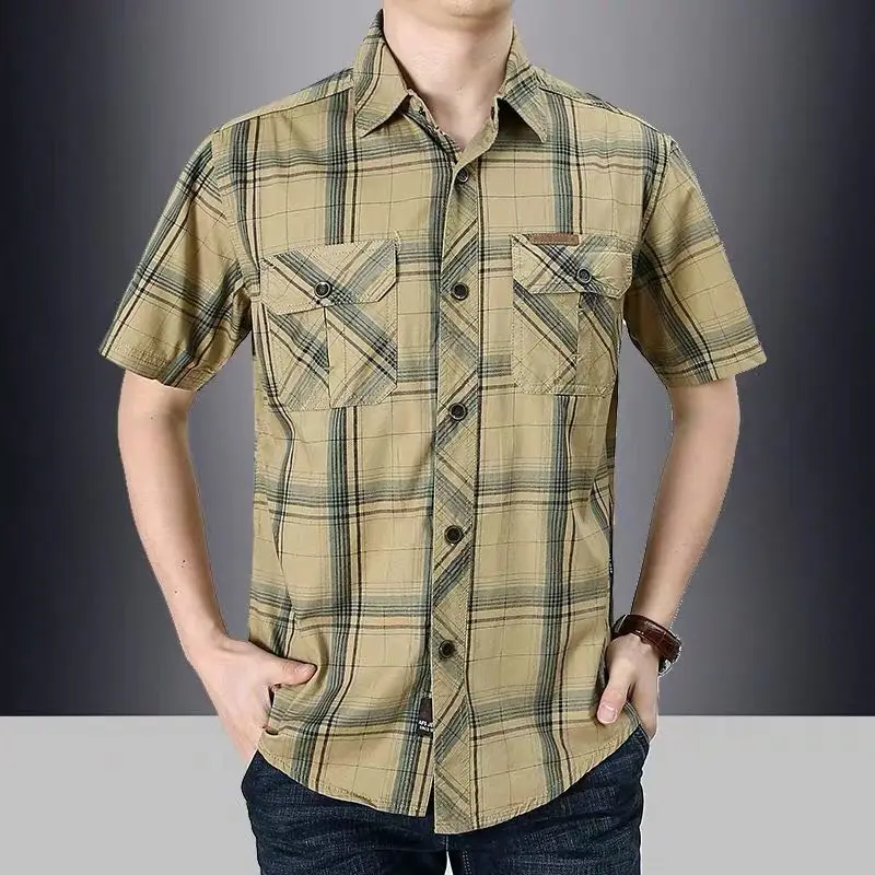 

2021 summer new business casual plaid short sleeve shirt for young and middle-aged men, cotton large size military shirt thin