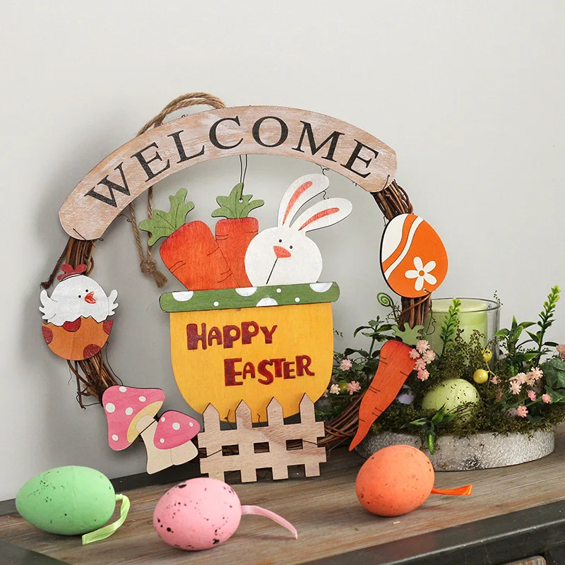 

Happy Easter Door Decor Wall Decoration Wooden Rabbit Easter Egg Wreath Pendant Wall Hanging Door Hanging Home Decor