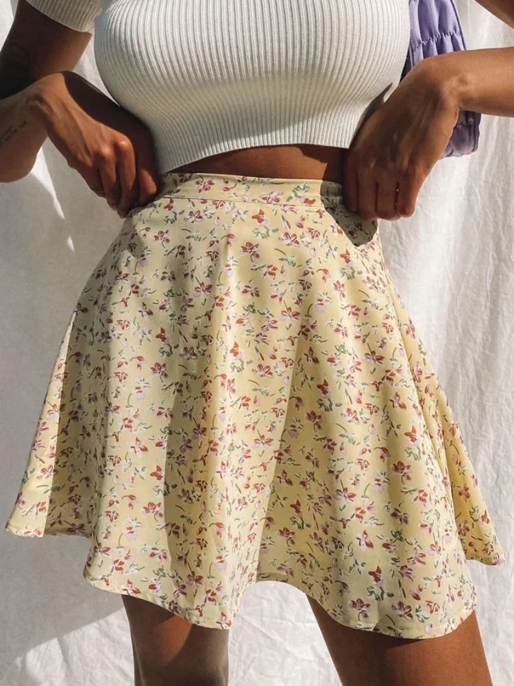 

Floral Print Party Skirt Summer New High Waist Pleated Skirt Short Beach Sexy Frills Mini Skirts For Women 2022