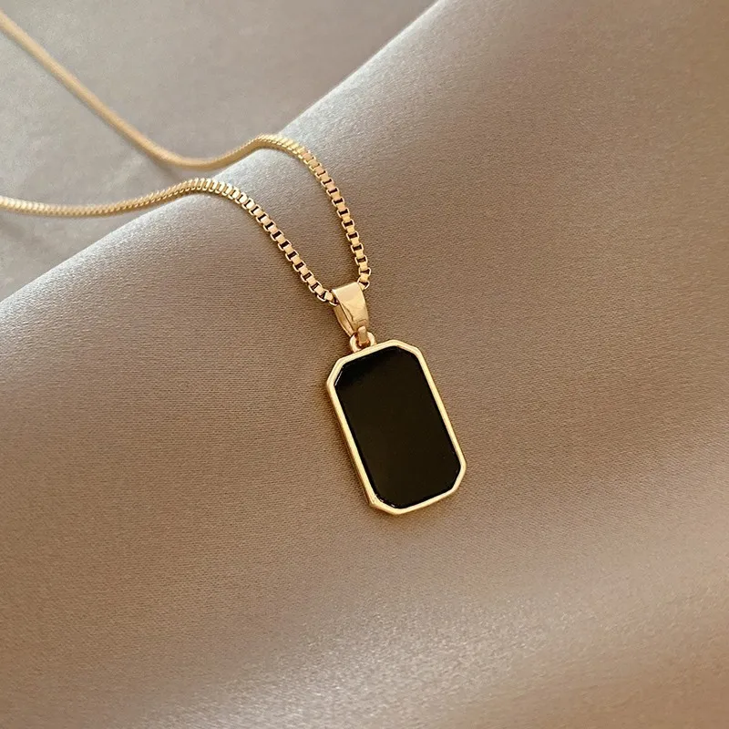 Black Square Pendant Double Layer Stainless Steel Necklaces for Women Men Gold Silver Color Clavicle
