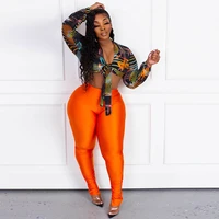 wuhe print 2 piece set fall outfits sexy lace up v neck crop top and split pencil pants tracksuit woman casual sport suit