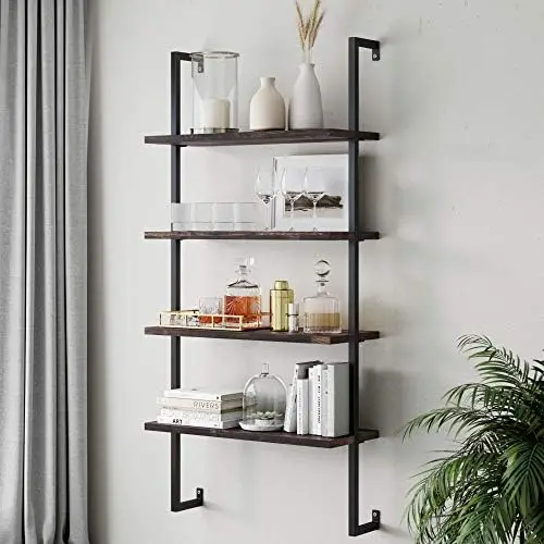 

4-Shelf Bookcase, Floating Mount Shelves with Natural Wood and Industrial Pipe Metal Frame, Oak/White Organizers storage Bathro
