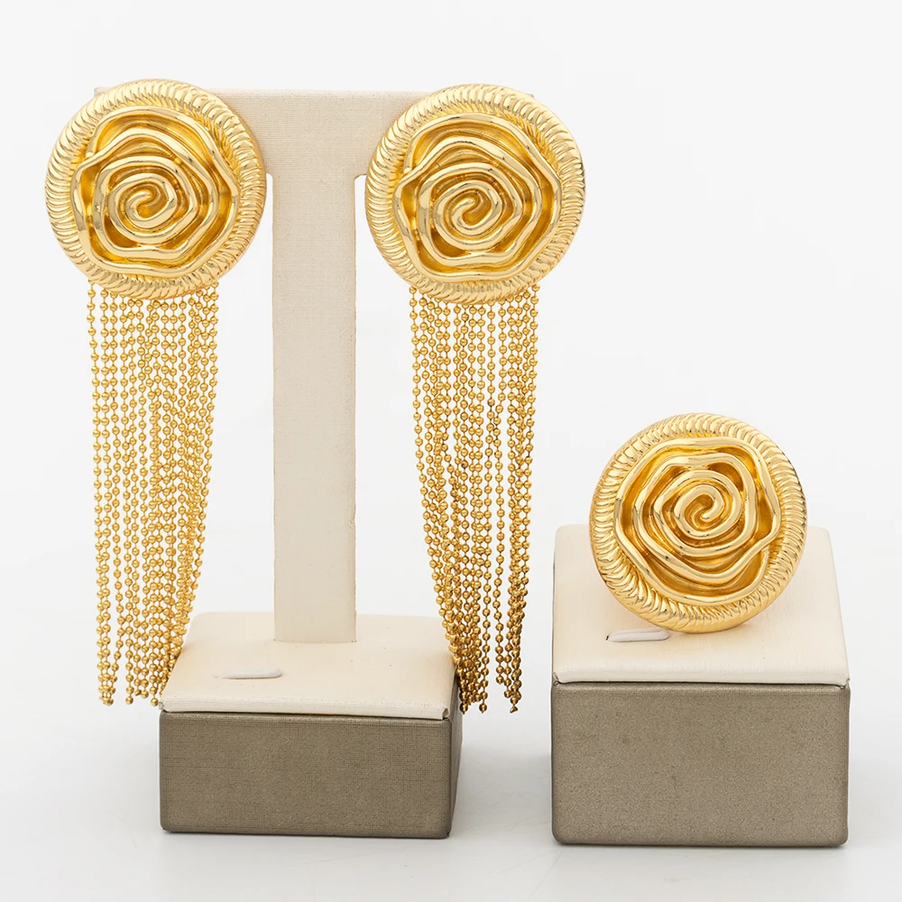 

African 18k Gold Plated Jewelry Set for Women Dangle Earrings and Ring Set for Luxury Weddings Party Earring Dubai Engagement