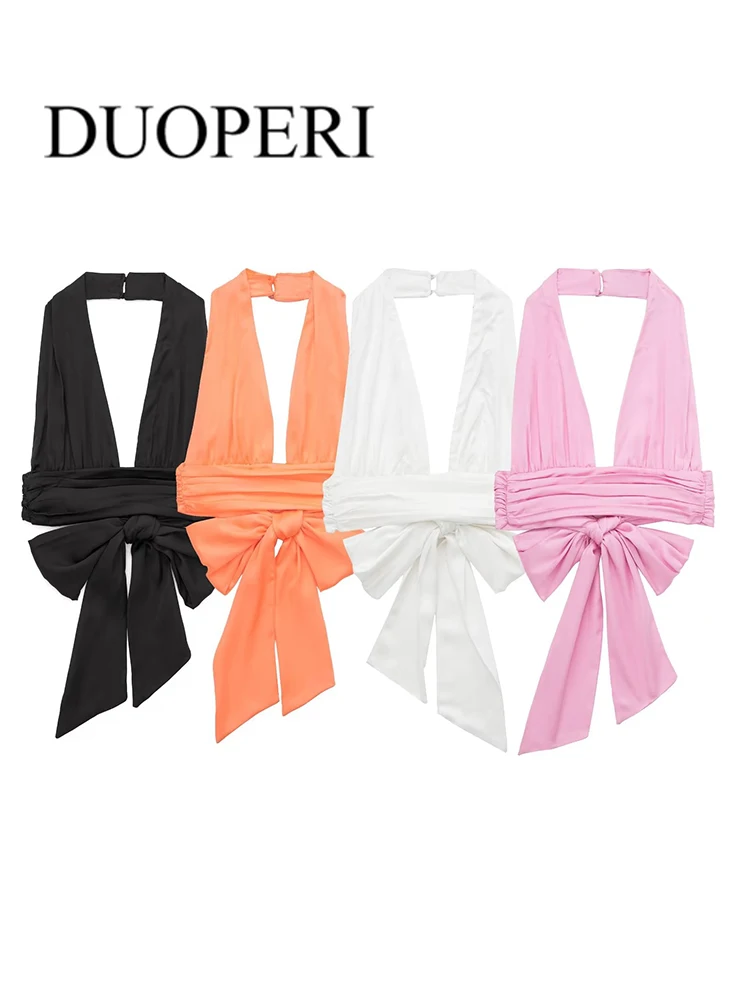 

DUOPERI Women Fashion Backless Pleats Soild Cropped Tank Tops V-Neck With Tied Vintage Female Camis Mujer Outfits