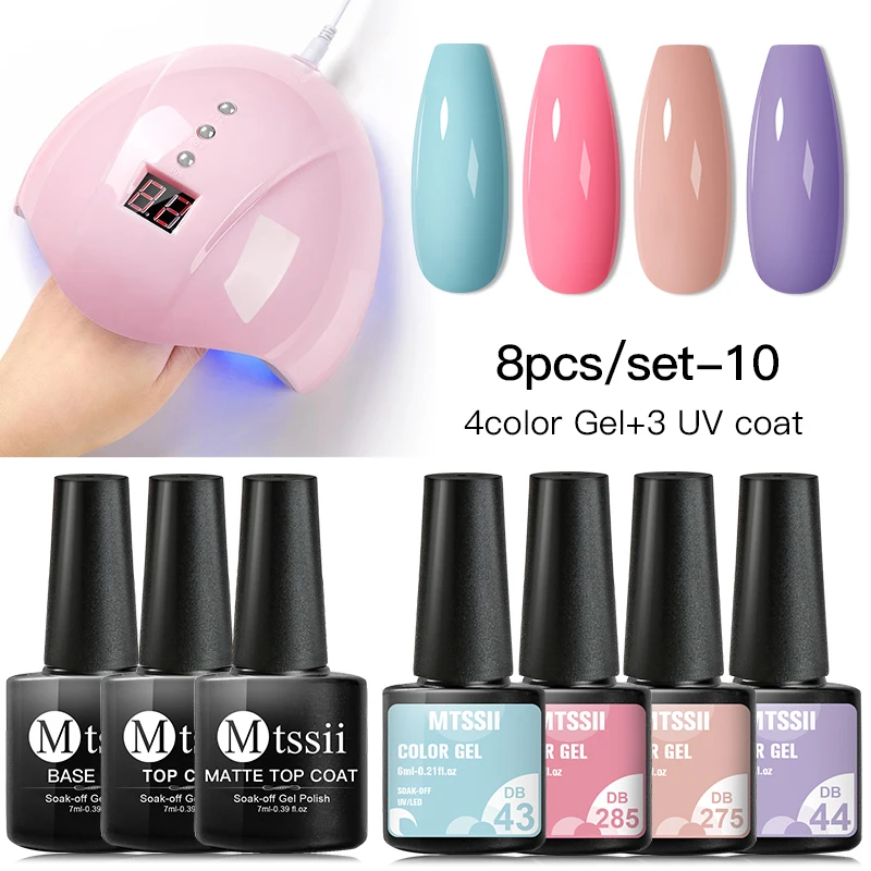 

Mtssii 6Pcs Gel Nail Polish With UV Lamp Set Summer Semi Permanent Soak Off UV LED Nail Art Gels Base Top Coat Nail Gel Polish