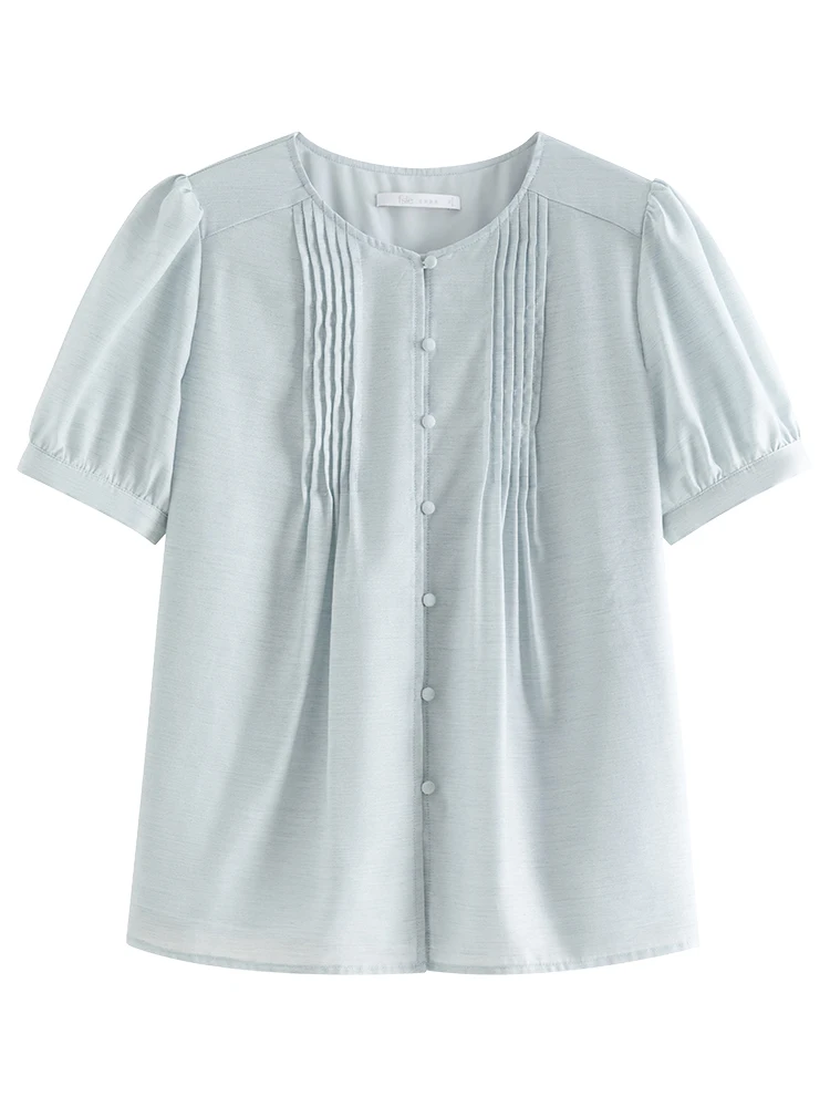 Блузка женская с коротким рукавом однобортная тонкая круглым вырезом