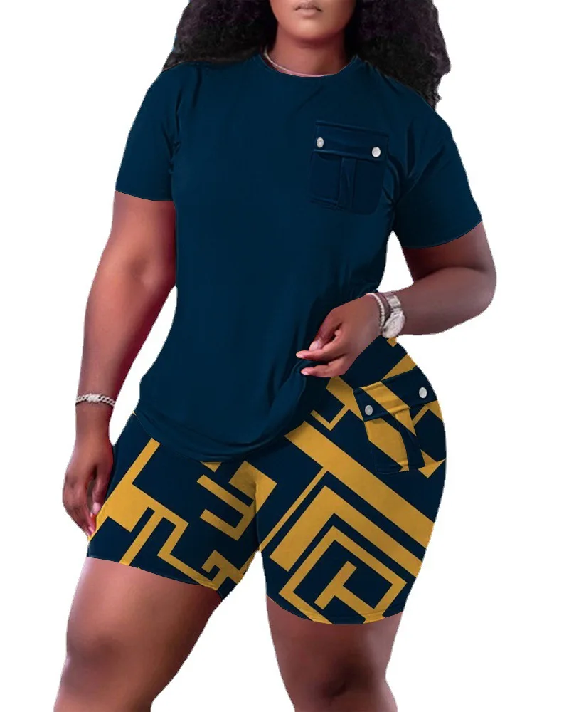 Casual Women's Tees+Shorts 2 Piece Sets 2023 Summer Fashion Solid Short Sleeve Home Patch Bag Tops Pants Suit S-XXXL