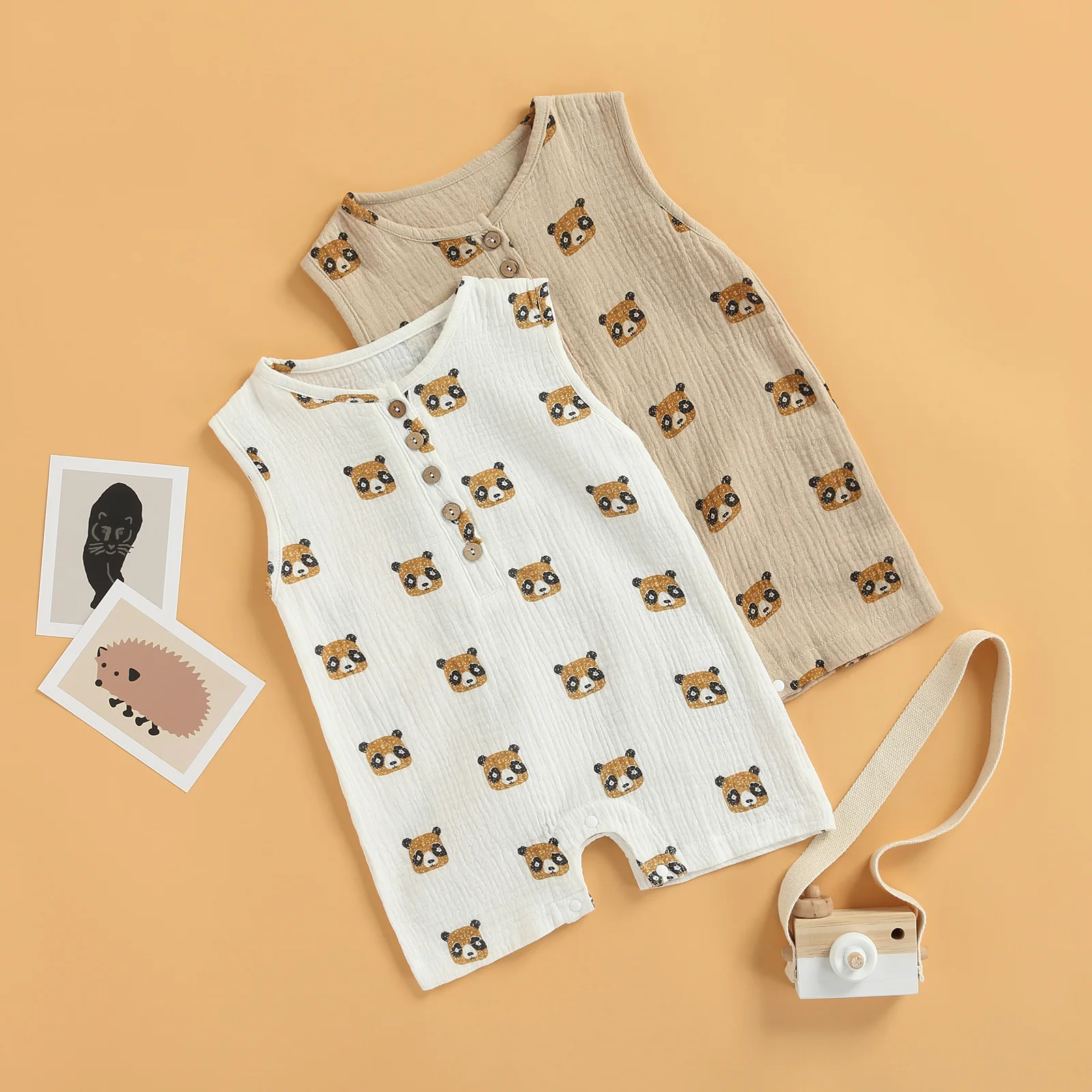 

Newborn Summer Cotton Romper Animal Pattern Printed Round Neck Button Chest Sleeveless Playsuit for Baby Girls Boys