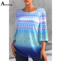 aimsnug plus size ladies elegant fashion tops women three quarter sleeve t shirt 2022 summer new patchwork tees clothing 4xl 5xl