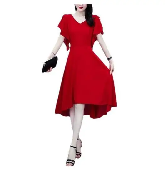 

Summer new women's fashion V-neck sexy Vestidos Korean version trumpet sleeves irregular temperament chiffon Party Dresses