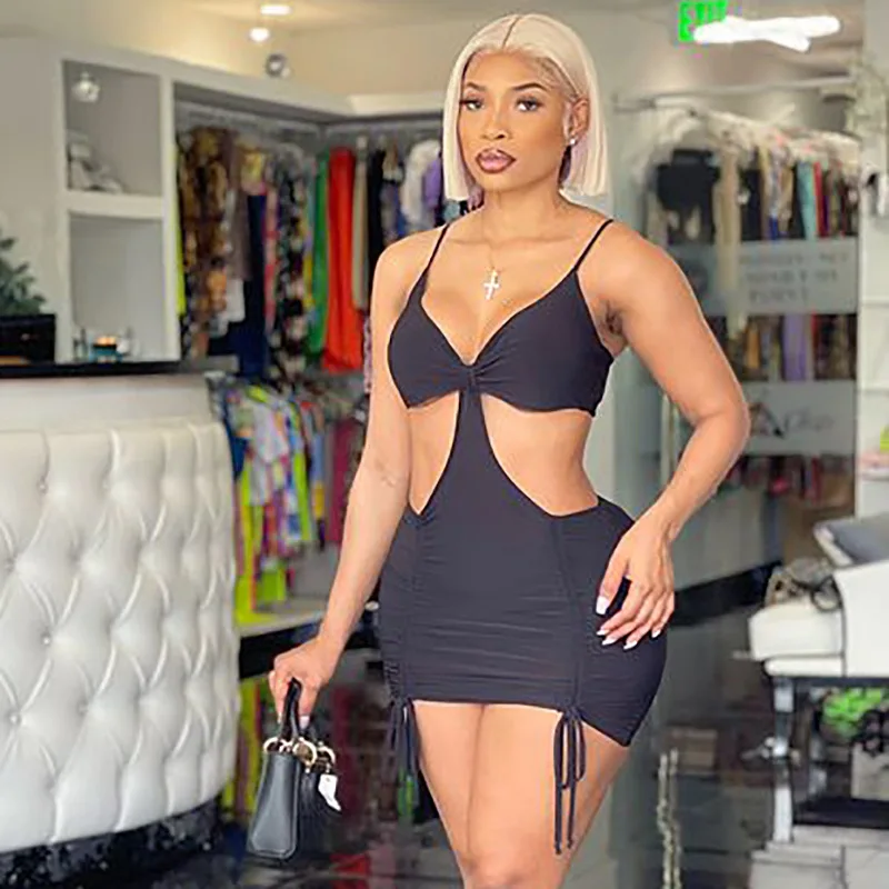 

Women Sexy Dress Sleeveless Hollow Out Drawstring Fold Mini Slim Clothing Female Ladies Party Clubwear Streetwear Summer 2022
