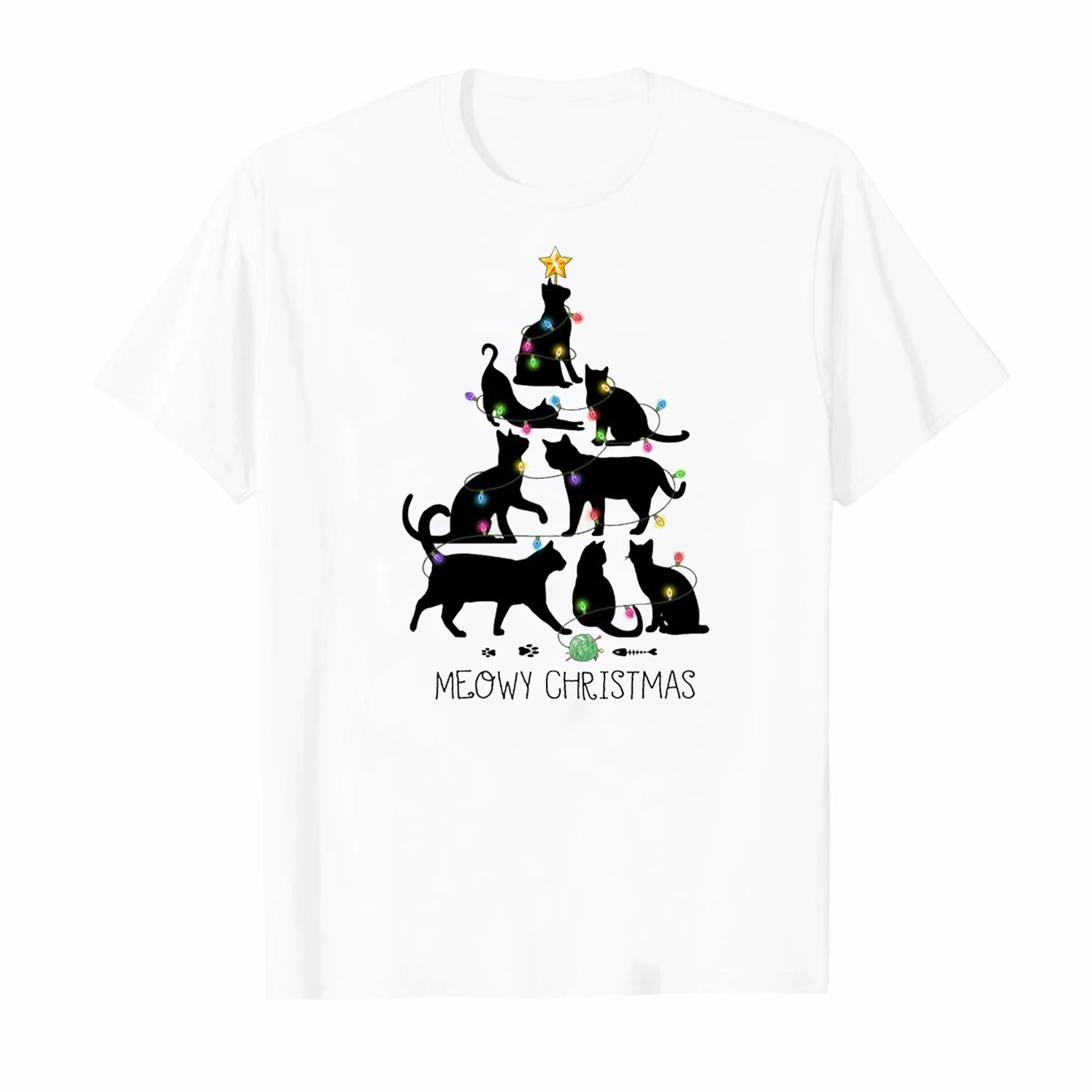 

Cute Kitten Meowy Xmas Tree Light Cat Lovers Christmas Gift T Shirt. Short Sleeve 100% Cotton Casual T-shirts Loose Top S-3XL