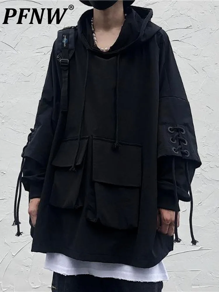 PFNW Techwear Black Hooded Sweatshirts Men's Hoodies Goth Darkwear Gothic Clothes Punk Clothing Japanese Streetwear Hip Hop