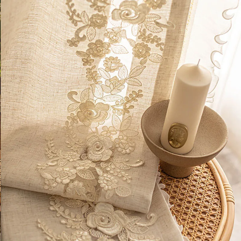 

French Beige 3D Relief Flower Embroidery Lace Curtains For Living Room Bedroom White Chiffon Pearls Lace Sheer Tulle Custom