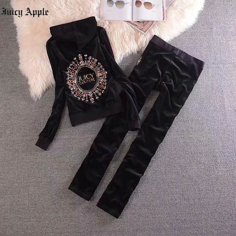 Juicy Apple Tracksuit Woman Spring Autumn Casual Velvet 2 piece sets women outfits Hooded Long Sleeve Top And Pants Suit Fashion