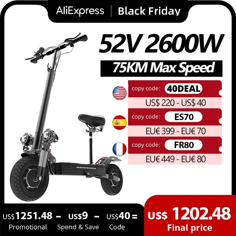 52V 2600W Dual Motor Electric Scooter 75 km/h Fast E Scooter