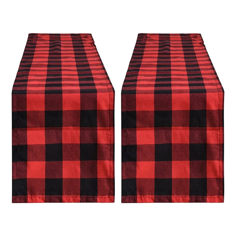 

2X Buffalo Check 13X70inch Black And Red Plaid Table Runner,Dinner Table Runners For Party Christmas Events Home Decor