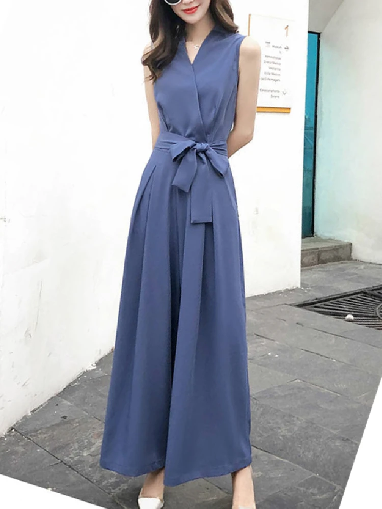 

Women Summer Wide Leg Jumpsuit V Neck Overalls Pants New