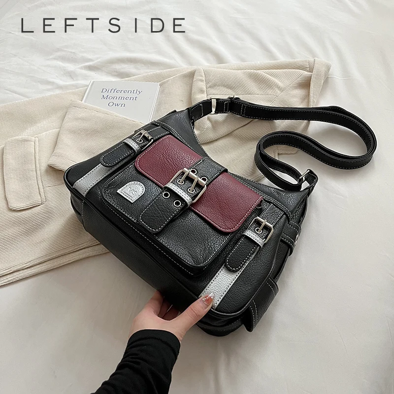 

Модная Дизайнерская кожаная сумка-тоут контрастных цветов LEFTSIDE для женщин 2023, женская простая сумка через плечо, сумки через плечо