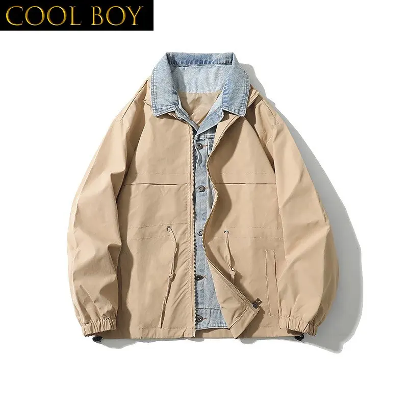 J GIRLS 2022 Spring New Men's Jackets Fake Two Pieces Windbreakers Jeans Sashes Contrast Khaki Black Casual Jacket Coat Male