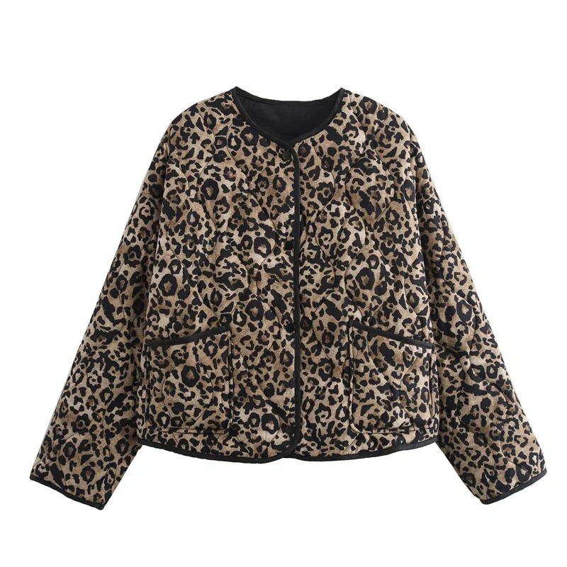 TRAF парки 2024 женская стеганая куртка с леопардовым принтом винтажная короткая